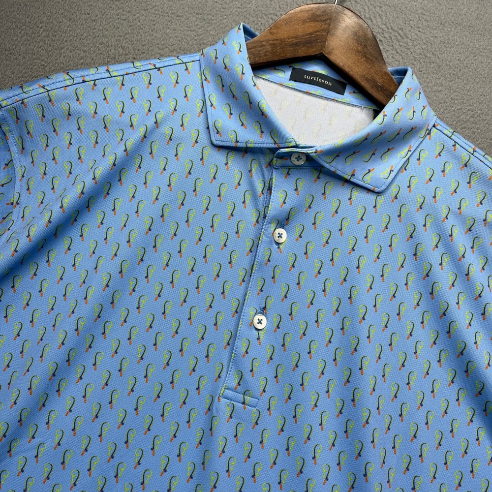 Turtleson Fishing Pole Print Polo Shirt Mens XL Blue Performance Golf Sport Top